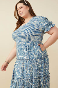 HY9364W Blue Plus Print Block Botanical Smocked V Neck Dress Gif