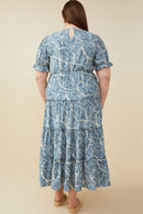 HY9364W Blue Plus Print Block Botanical Smocked V Neck Dress Front