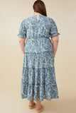 HY9364W Blue Plus Print Block Botanical Smocked V Neck Dress Front