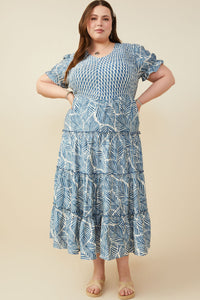 HY9364W Blue Plus Print Block Botanical Smocked V Neck Dress Side