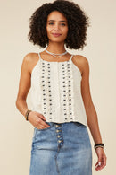 HY9375W Oatmeal Plus Ruffled Tape Trim Linen Tank Front