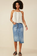 HY9375 Oatmeal Womens Ruffled Tape Trim Linen Tank Gif