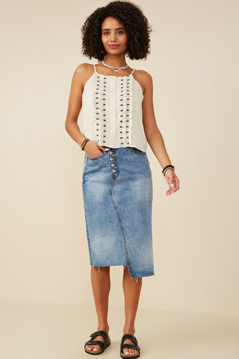 HY9375 Oatmeal Womens Ruffled Tape Trim Linen Tank Gif