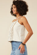 HY9375 Oatmeal Womens Ruffled Tape Trim Linen Tank Full Body