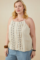 HY9375 Oatmeal Womens Ruffled Tape Trim Linen Tank Front