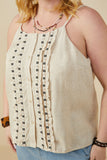 HY9375W Oatmeal Plus Ruffled Tape Trim Linen Tank Gif