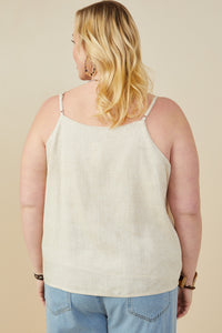 HY9375W Oatmeal Plus Ruffled Tape Trim Linen Tank Full Body