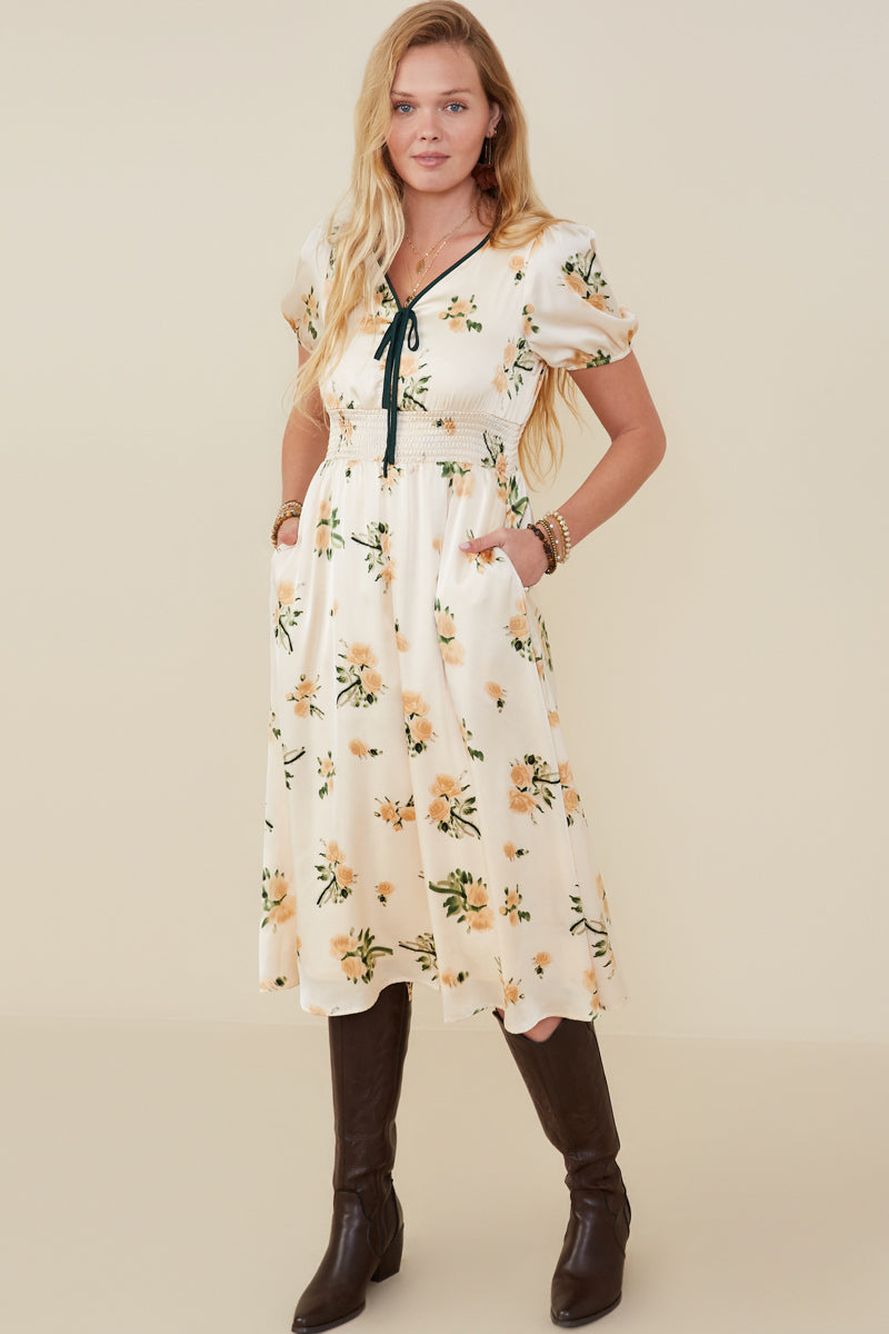 Contrast Piping Tied Smock Waist Satin Dress