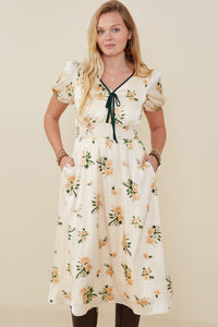 HY9376 Champagne Womens Contrast Piping Tied Smock Waist Satin Dress Gif