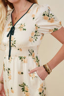 HY9376 Champagne Womens Contrast Piping Tied Smock Waist Satin Dress Front