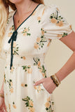 HY9376 Champagne Womens Contrast Piping Tied Smock Waist Satin Dress Front