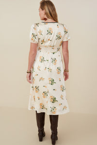 HY9376 Champagne Womens Contrast Piping Tied Smock Waist Satin Dress Detail