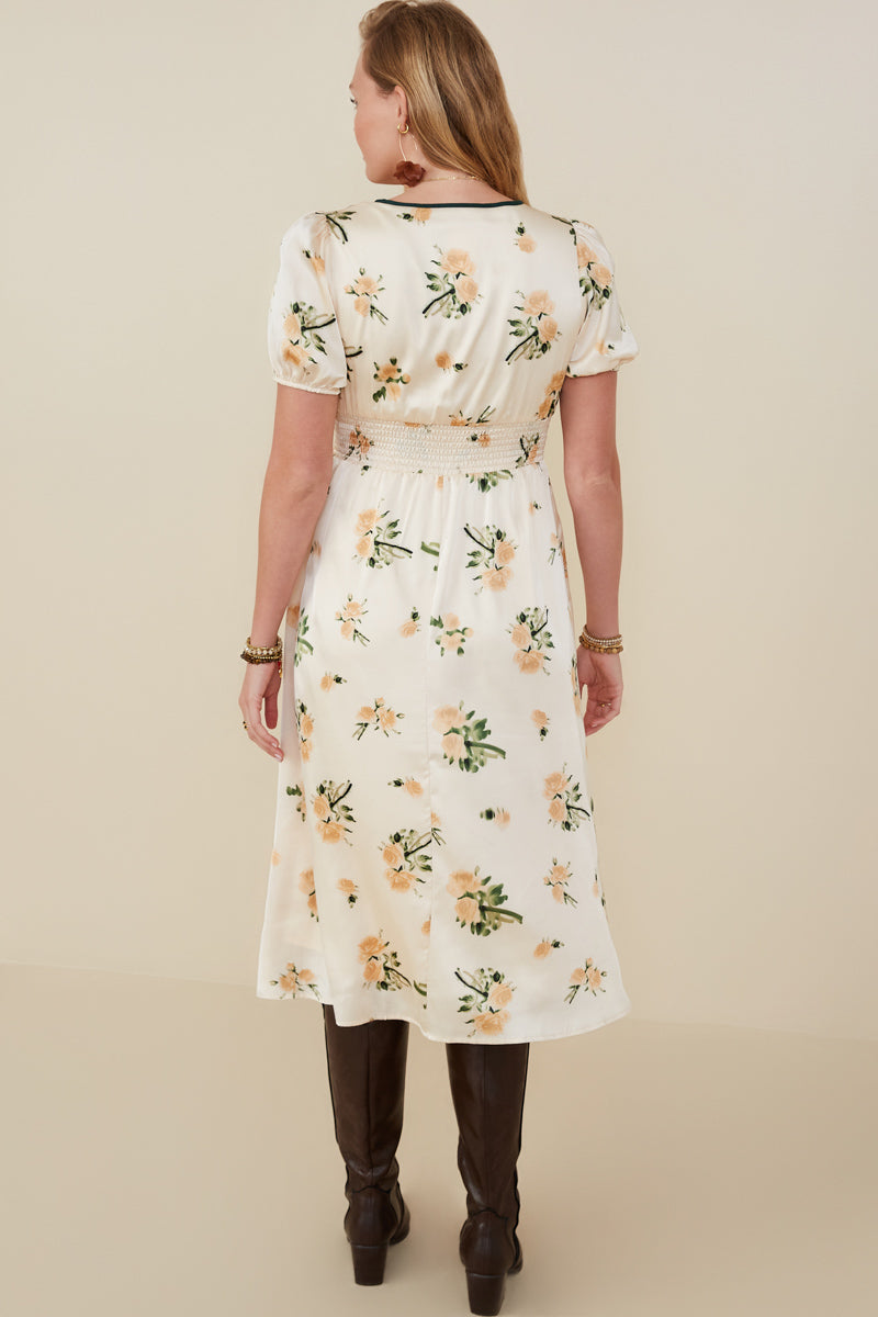 HY9376 Champagne Womens Contrast Piping Tied Smock Waist Satin Dress Detail