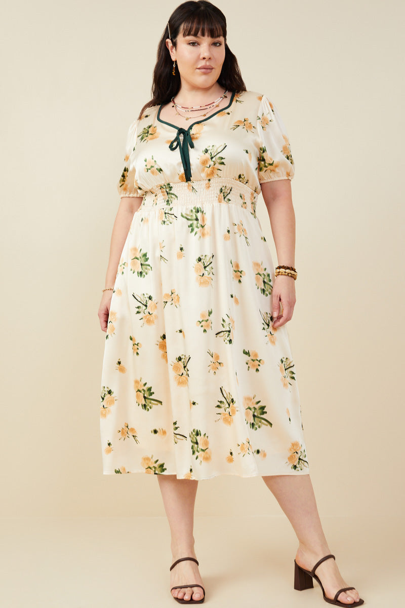 Contrast Piping Tied Smock Waist Satin Dress