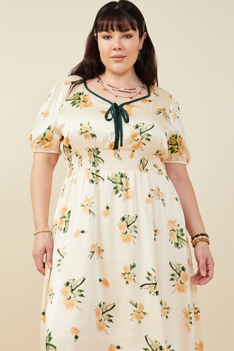 HY9376 Champagne Womens Contrast Piping Tied Smock Waist Satin Dress Back