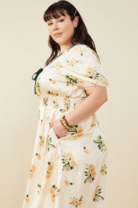 HY9376W Champagne Plus Contrast Piping Tied Smock Waist Satin Dress Gif