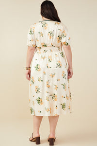 HY9376W Champagne Plus Contrast Piping Tied Smock Waist Satin Dress Front