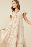 HY9397 Taupe Womens V Neck Flutter Sleeve Textured Gauze Dress Front