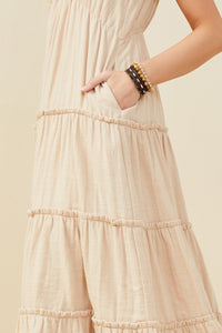 HY9397 Taupe Womens V Neck Flutter Sleeve Textured Gauze Dress Detail