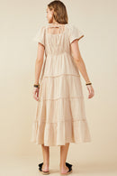 HY9397 Taupe Womens V Neck Flutter Sleeve Textured Gauze Dress Back