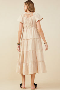 HY9397 Taupe Womens V Neck Flutter Sleeve Textured Gauze Dress Back