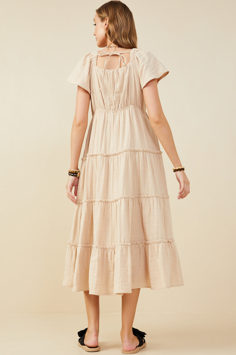 HY9397 Taupe Womens V Neck Flutter Sleeve Textured Gauze Dress Back