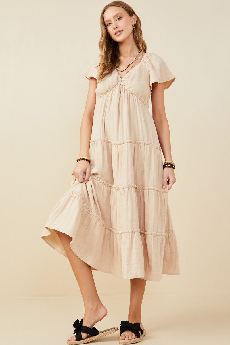 HY9397W Taupe Plus V Neck Flutter Sleeve Textured Gauze Dress Full Body