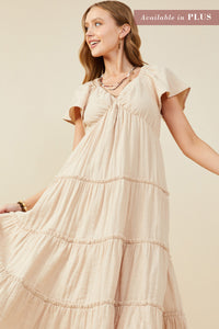 HY9397W Taupe Plus V Neck Flutter Sleeve Textured Gauze Dress Front