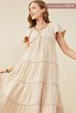 HY9397W Taupe Plus V Neck Flutter Sleeve Textured Gauze Dress Full Body