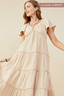 HY9397W Taupe Plus V Neck Flutter Sleeve Textured Gauze Dress Front