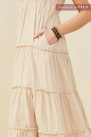 HY9397W Taupe Plus V Neck Flutter Sleeve Textured Gauze Dress Detail