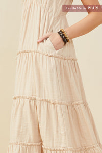 HY9397W Taupe Plus V Neck Flutter Sleeve Textured Gauze Dress Detail