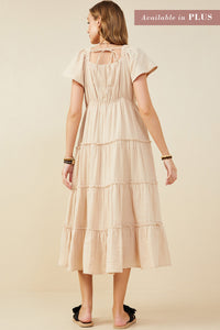 HY9397W Taupe Plus V Neck Flutter Sleeve Textured Gauze Dress Back