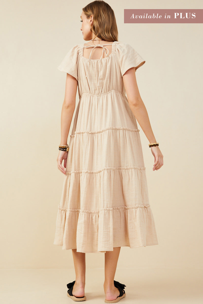 HY9397W Taupe Plus V Neck Flutter Sleeve Textured Gauze Dress Back