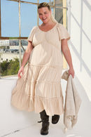 HY9397 Taupe Womens V Neck Flutter Sleeve Textured Gauze Dress Full Body