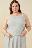 HY9404 Heather Grey Womens Crochet Knit Detail French Terry Tank Top Front