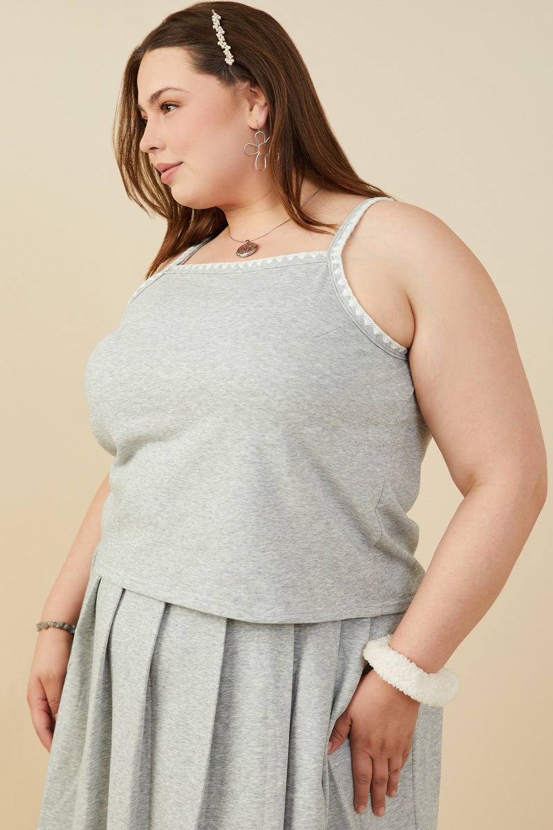 HY9404W Heather Grey Plus Crochet Knit Detail French Terry Tank Top Gif