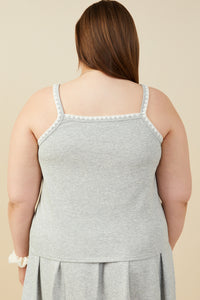 HY9404W Heather Grey Plus Crochet Knit Detail French Terry Tank Top Full Body