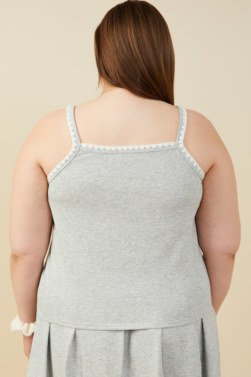 HY9404W Heather Grey Plus Crochet Knit Detail French Terry Tank Top Full Body