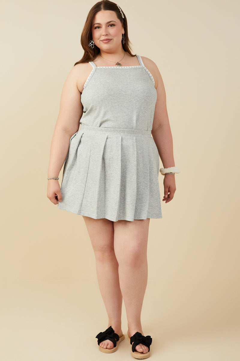 HY9405W Heather Grey Plus French Terry Elastic Waist Pleated Knit Skirt Side