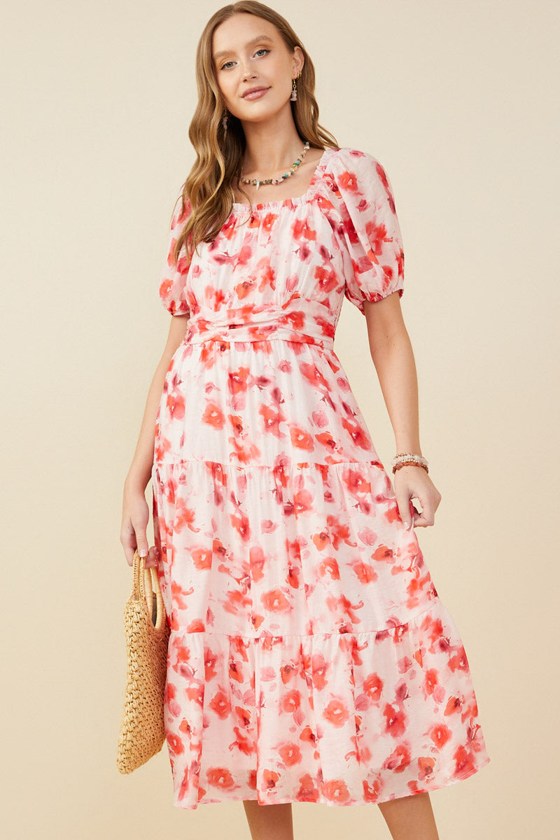 Floral Gathered Waist Square Neck Dress