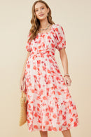HY9410 Red Womens Floral Gathered Waist Square Neck Dress Full Body