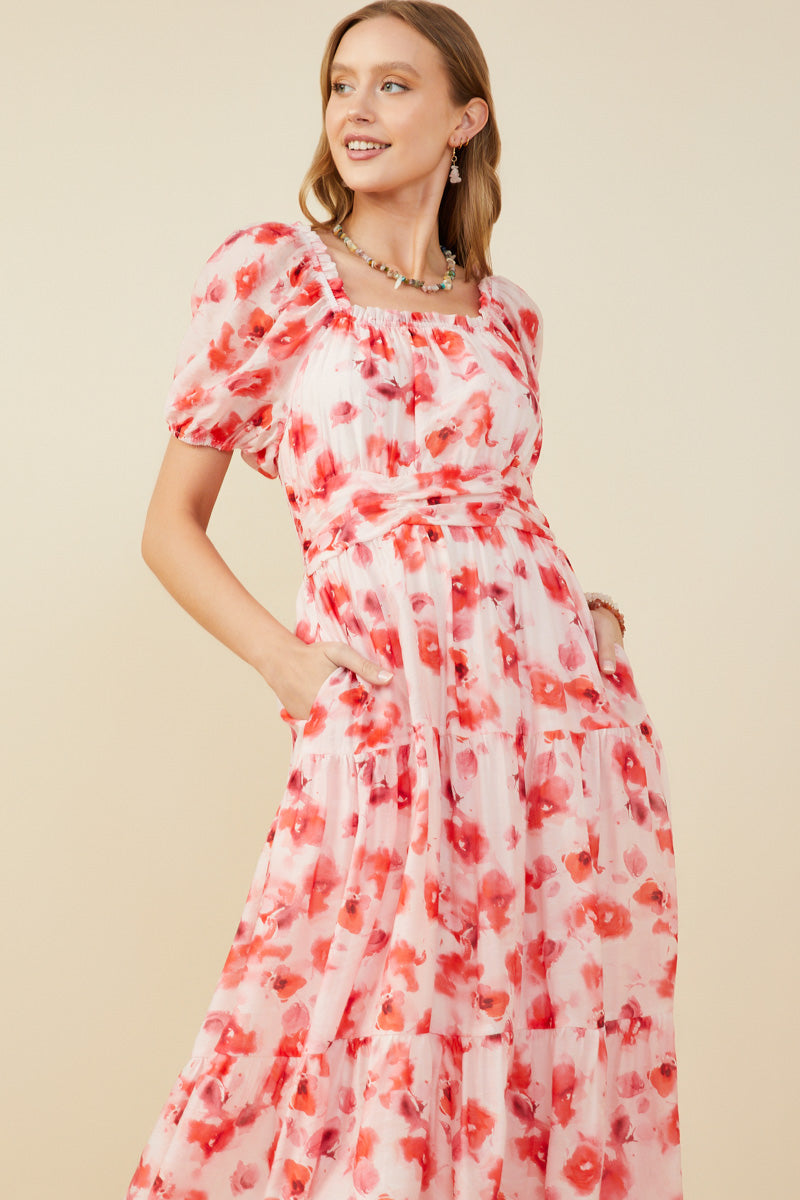 red floral square neck dress Lily House Women's Summer Red Floral Square Neck Petal Sleeve Midi Dress With Waist Tie Layered Design Elegant Casual Beach Vacation Party Wear