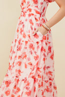 HY9410 Red Womens Floral Gathered Waist Square Neck Dress Front