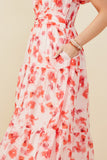 HY9410 Red Womens Floral Gathered Waist Square Neck Dress Front