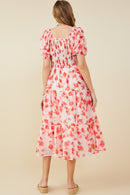 HY9410 Red Womens Floral Gathered Waist Square Neck Dress Detail