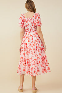 HY9410 Red Womens Floral Gathered Waist Square Neck Dress Detail