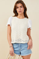 HY9412 Taupe Womens Mix Media Patterned Knit Top Front