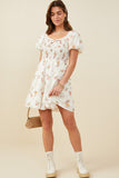 HY9415 Cream Womens Bow Detailed Smocked Textured Floral Dress Gif