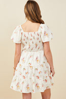 HY9415 Cream Womens Bow Detailed Smocked Textured Floral Dress Detail